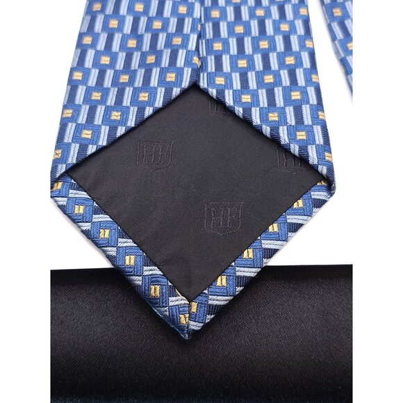 Hickey-Freeman Collection Mens Silk Tie Blue & Yellow Geometric Pattern Made In - Picture 4 of 10